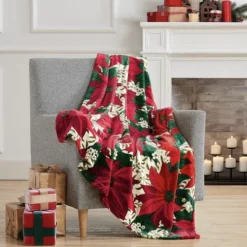 Kate Aurora Ultra Plush Christmas Morning Poinsettia Accent Throw Blanket - 50 In. W X 60 In. L