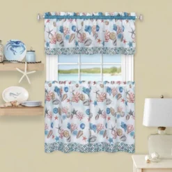 Kate Aurora Coastal Living Nantucket Seashells Complete Kitchen Curtain Tier & Valance Set