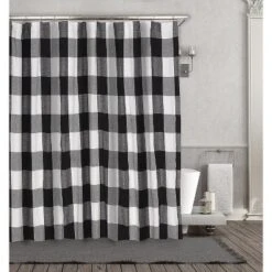 Kate Aurora Country Farmhouse Living Buffalo Plaid Checkered Black & White Fabric Shower Curtain - 72 In. W X 72 In. L