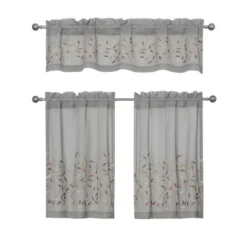 Kate Aurora Shabby Sheer Embroidered Complete 3 Piece Floral Rod Pocket Cafe Kitchen Curtain Tier & Valance Set