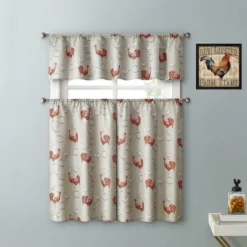 Kate Aurora Country Farmhouse Red Rooster Barn 3 Piece Kitchen Curtain Tier & Valance Set - 56 In. W X 36 In. L