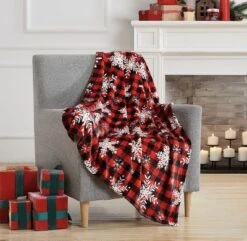 Kate Aurora Red & Black Country Farmhouse Ultra Plush Christmas Plaid Snowflakes Accent Throw Blanket - 50 In. W X 60 In. L