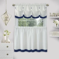 Kate Aurora Country Living Farmhouse 3 Pc Solid Cafe Kitchen Curtain Tier & Tucked Valance Set
