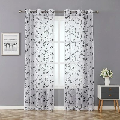 Kate Aurora 2 Piece Scroll Floral Embroidered Sheer Voile Grommet Top Window Curtains 8 Kate Aurora 2 Piece Scroll Floral Embroidered Sheer Voile Grommet Top Window Curtains - Image 8
