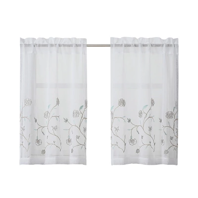 Kate Aurora Complete 3 Piece Embroidered Shabby Floral Roses Sheer Cafe Kitchen Curtain Tier & Valance Set 2 Kate Aurora Complete 3 Piece Embroidered Shabby Floral Roses Sheer Cafe Kitchen Curtain Tier & Valance Set - Image 2