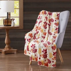 Kate Aurora Autumn Accents Oversized Fall Harvest Hickory Leaves Ultra Comfort Accent Plush Throw Blanket - 50 In. X 70 In.
