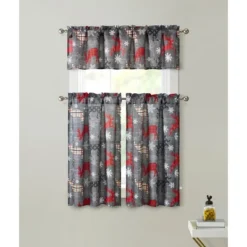 Kate Aurora Complete Plaid Christmas Reindeers Snowflakes 3 Pc Kitchen Curtain Tier And Valance Set - 56 In. W X 36 In. L