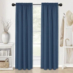 Kate Aurora Complete Coastal Hamptons Living Rod Pocket Textured Semi Sheer 3 Piece Window Curtain & Valance Set