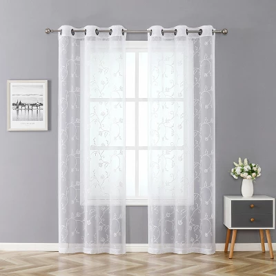 Kate Aurora 2 Piece Scroll Floral Embroidered Sheer Voile Grommet Top Window Curtains 9 Kate Aurora 2 Piece Scroll Floral Embroidered Sheer Voile Grommet Top Window Curtains - Image 9