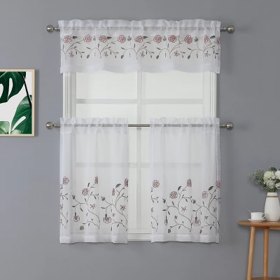 Kate Aurora Complete 3 Piece Embroidered Shabby Floral Roses Sheer Cafe Kitchen Curtain Tier & Valance Set 6 Kate Aurora Complete 3 Piece Embroidered Shabby Floral Roses Sheer Cafe Kitchen Curtain Tier & Valance Set - Image 6