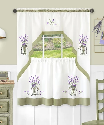 Kate Aurora Montauk Accents Lavender Floral Embellished Complete 3 Piece Kitchen Curtain Tier & Valance Set 3 Kate Aurora Montauk Accents Lavender Floral Embellished Complete 3 Piece Kitchen Curtain Tier & Valance Set - Image 3
