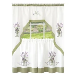 Kate Aurora Montauk Accents Lavender Floral Embellished Complete 3 Piece Kitchen Curtain Tier & Valance Set