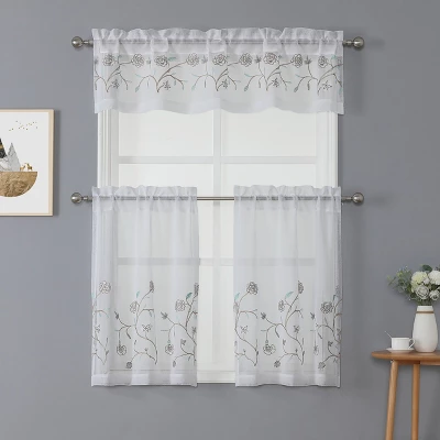Kate Aurora Complete 3 Piece Embroidered Shabby Floral Roses Sheer Cafe Kitchen Curtain Tier & Valance Set 4 Kate Aurora Complete 3 Piece Embroidered Shabby Floral Roses Sheer Cafe Kitchen Curtain Tier & Valance Set - Image 4