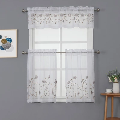 Kate Aurora Complete 3 Piece Embroidered Shabby Floral Roses Sheer Cafe Kitchen Curtain Tier & Valance Set 5 Kate Aurora Complete 3 Piece Embroidered Shabby Floral Roses Sheer Cafe Kitchen Curtain Tier & Valance Set - Image 5