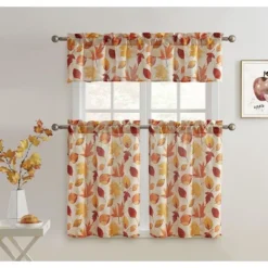 Kate Aurora Autumn Fall Harvest Scattered Leaves 3 Piece Rod Pocket Cafe Kitchen Curtain Tier & Valance Set