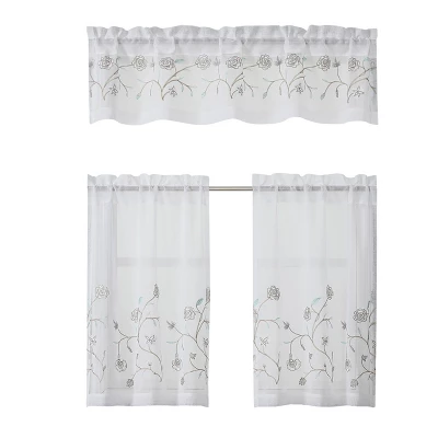 Kate Aurora Complete 3 Piece Embroidered Shabby Floral Roses Sheer Cafe Kitchen Curtain Tier & Valance Set 3 Kate Aurora Complete 3 Piece Embroidered Shabby Floral Roses Sheer Cafe Kitchen Curtain Tier & Valance Set - Image 3