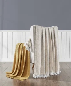 Kate Aurora Chic Living 2 Pack Golden Yellow Yarn Dyed Woven & Fringed Coordinating Ultra Soft Accent Throw Blanket Set - 50 In. W X 60 In. L