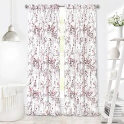 Kate Aurora 2 Piece Shabby Chic Cherry Blossom Designed Airy Sheer Rod Pocket & Back Tab Curtain Panels